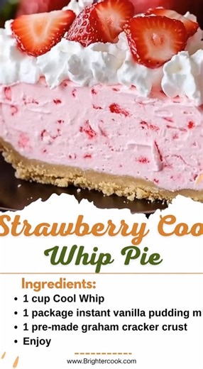 🍓 Strawberry Cool Whip Pie 4 An easy, no-bake dessert that’s light, fluffy, and perfect for spring/summer gatherings. Great when you want something quick but crowd-pleasing. 🧾 Ingredients 1 cup Cool Whip (plus extra for topping) 1 package instant vanilla pudding mix 1 pre-made graham cracker crust 1–1½ cups fresh strawberries, chopped (or thawed frozen, drained) (Milk is typically needed for pudding — see step below.) 👩‍🍳 Instructions 1️⃣ Make the Pudding Whisk pudding mix with 2 cups cold m