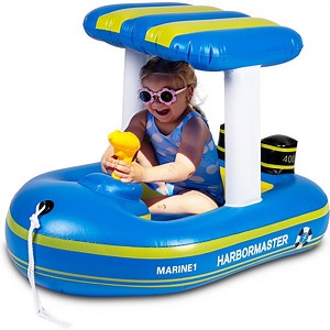 Zone Tech Inflatable Blue Harbor Master Boat Pool Float Ride On with Fun Water Toy Squirter