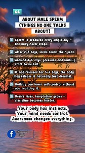No one warns men about this. The body keeps producing. Desire keeps building. And self-control gets tested. Biology is real. Discipline is a choice. Read that again. #menshealth #malebiology #sexeducation #healthfacts #mindoverbody #selfcontrol #wives #intimacy #mature #hormonehealth #wellnesseducation #healthyhabits #fyp #foryou #reelseducation | Rosa Ningsih Siregar