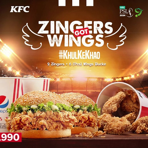 12K reactions · 86 shares |  This PSL season, dive into the ultimate cricket celebration with KFC's ZINGER GOT WINGS deal!  Get ready to score 2 zingers, 1 bucket of wings, and 2 regular drinks all for an unbeatable price of Rs. 990. 朗 Don't let your squad miss out on this winning combo. #KFCZingerGotWings #CricketFever #TasteTheVictory  | KFC | Facebook
