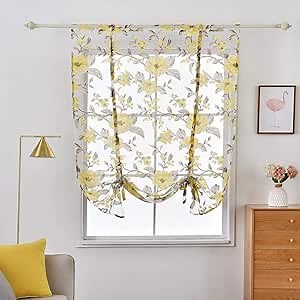 Roman Sheer Voile Tie Up Shades Valance Curtains Floral Window Treatments Valances Tulle Fabric Balloon Drapes and Curtains for Kitchen Bedroom Bathroom Living Room Windows 63 Inch Length, Camellia