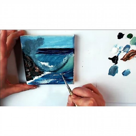 Ein Meerbild malen mit Welle & Fels [Acrylmalen Zeitraffer] Painting a sea picture with wave & rock🌊