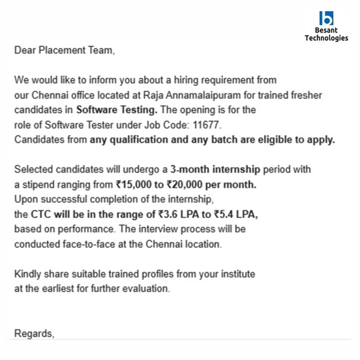 Software Tester Job Opening in Chennai! | Besant technologies's Tie up company | package of 3.6LPA to 5.4LPA. Build your QA career with the best Software Testing course in Chennai at Besant Technologies, a top software testing training institute trusted for job-oriented testing programs. Our Software Tester training covers Manual Testing, Automation basics, and real-time projects with strong placement support. Join one of the best institutes for Software Testing and start your IT career with ind