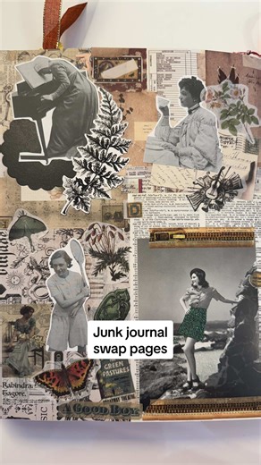 Junk journal swap pages from a swap from @carlyscrochetandcrafts in November. Using layers and vintage style ephemera. The U.S. map on the third & forth pages is from an old National Geographic article she sent me. Thanks Carly🫶🏻 #junkjournal #junkjournaling #junkjournalswap #junkjournalideas #vintagepaper