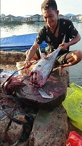 The charm of this young man's sharp machete, with his skillful action cutting tuna fish on the beach