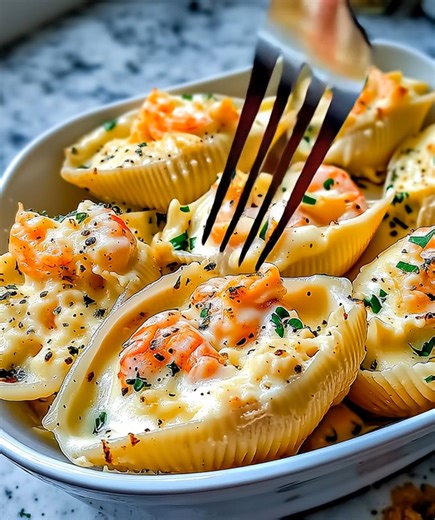 Creamy Shrimp Alfredo Stuffed Shells 🍤🧄 Rich, cheesy, and irresistibly creamy — the best comfort food dinner! 📝 Ingredients: 12 jumbo pasta shells 1 cup cooked shrimp, chopped 1 cup ricotta cheese ½ cup shredded mozzarella ¼ cup grated parmesan 2 cloves garlic, minced 1 cup heavy cream 1 tbsp butter ½ tsp Italian seasoning Salt and pepper to taste 1 tbsp chopped parsley 🍴 How to prepare it: 1️⃣ Cook the pasta: Boil jumbo shells until al dente for the perfect pasta texture. Drain and set asid