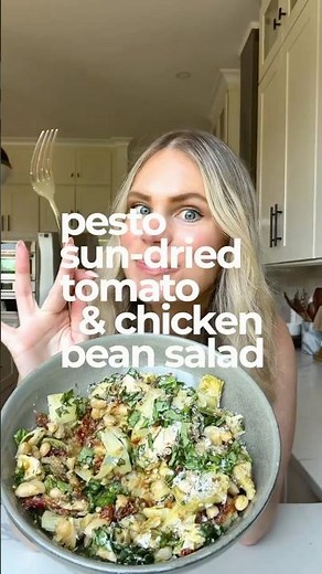 new pesto, sun-dried tomato, and chicken bean salad 🫘 recipe below!