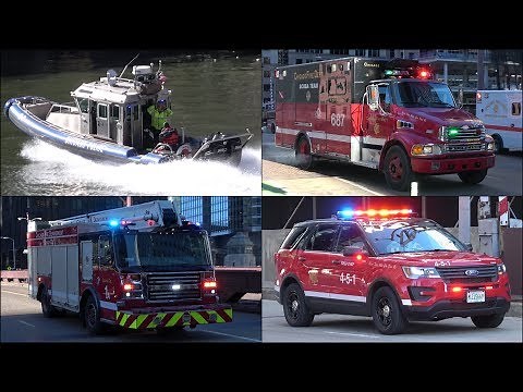 Specialist Chicago Fire Trucks + Police Boat responding with siren and lights