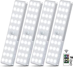 LED Step Lights, 30 LEDs Rechargeable Dimmable Motion Sensor Light Under Cabinet Lighting with Remote Control Wireless Stick-Anywhere Night Light for Bedroom, Kitchen, Wardrobe, Hallway (4 Pack)