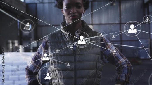 Woman in warehouse, user icon appearing on torso and growing network obscuring face for logistics