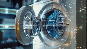 A futuristic washing machine with a sleek design and transparent digital interface displaying controls and settings, implying advanced technology.