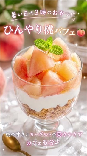🍑暑い日のひんやり桃ヨーグルトパフェ🍑 🔥暑すぎる日に食べたい！ひんやり桃パフェ飯テロ🍑✨ この暑さ…桃パフェで生き返った人いる？🍑❄️」