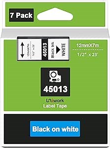 Uniwork Compatible Label Tape Replacement for Dymo 45013 S0720530 to use with Dymo LabelManager 160 280 420P PnP 220P 360D 210D Label Maker, 0.47 Inch (12mm) x 23 Feet (7m), Black on White, 7-Pack (M-45013P/7P)