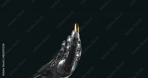 Robot arm holding bitcoin with fingers, artificial intelligence as a blockchain concept, crypto currency design, seamless loop animation