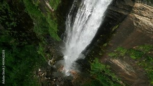 Diyaluma Falls cascades through rich Sri Lankan landscape in breathtaking drone. Cascading waterfall, natural beauty, clear mountain water rushes over cliffs into pool below, surrounded by plants.