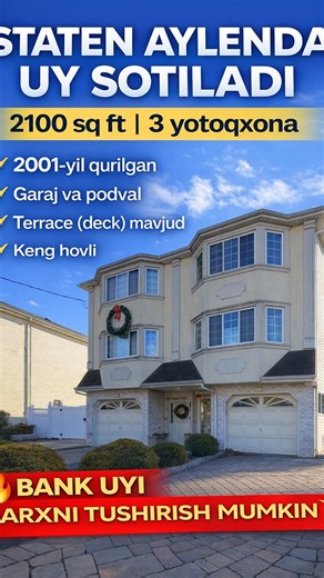 Khusniddin Yuldashev on Instagram: "🤩 For Sale: Staten-Aylend va Nyu-Jersi chegarasida joylashgan, 2001-yilda qurilgan, 2100 sq ft maydonga ega qulay va yorug‘ uy 🏡 ➖ Uyda 3 ta yotoqxona, garaj, podval, deck va keng hovli bor. ➖ Uy bank balansida bo‘lgani uchun narx bo‘yicha kelishish imkoniyati mavjud. ➖ Katta oila uchun tinch va qulay hayot taklif qiladigan bu uy kelib ko‘rishingizga arziydi. Batafsil ma’lumot uchun bog‘laning👇🏻 ➖➖➖➖➖➖➖➖➖ 🤩 For Sale: A bright and comfortable home built in