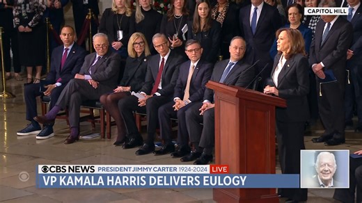 "Jimmy Carter was that all too rare example of a gifted man who also walks with humility, modesty and grace," Vice President Harris says as she delivers the eulogy for former President Carter in the U.S. Capitol Rotunda. "He lived his faith, he served the people, and he left the world than he found it," she says. "May his life be a lesson for the ages and a beacon for the future." https://cbsn.ws/4gMdESA | CBS News