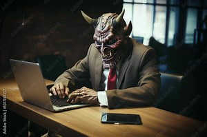 demon in a business suit is sitting at a desk, typing on a laptop in a dimly lit office