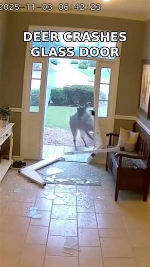 Deer Crashes Through Glass Door - Security Cam