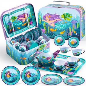Joyfy Kid Tea Set, Mermaid Tea Party Set for Girls, Princess Pretend Play Tin Teapot Set Kitchen Toy for Girls Toddlers 2 3 4 5 6 Years Old - Walmart.com