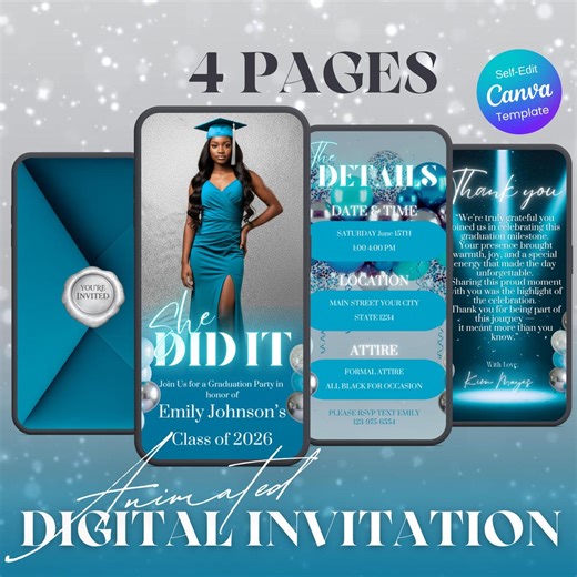 Blue Silver Graduation Party Invitation, Graduation Party, Class of 2026 Announcement, College or Senior Celebration, Digital Animated Grad - Etsy