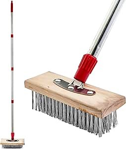Wire Scrub Broom Scrubbing Brush with Long Handle, Stiff Metal Bristle Outdoor Floor Scrubber for Cleaning Moss, Tough Stains on Grout, Garden, Garage, Patio, Deck