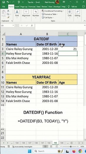 YEARFRAC() vs DATEDIF() in Excel - Excel Tips and Tricks #shorts #fyp