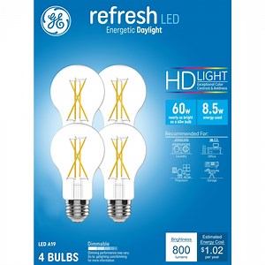 GE Refresh HD LED Light Bulbs, 60 Watt, Daylight, A19 Bulbs, Medium Base, Clear Finish, 4pk