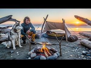 Beach Survival Camp – Cooking Fresh Fish & Overnight with My Husky