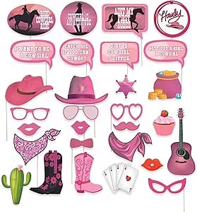 Cowgirl Photo Booth Props - 29 Pcs Pink Bachelorette Party Decorations, Western Cowboy Party Signs, Wild West Cut Outs, Texas Decor for Birthdays, Weddings - Western Nashville Photo Props by Scapa Pro