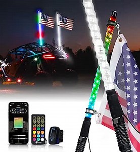 Xprite 2PC 3FT RGBW LED Whip Light with Spring Base, App & Remote Control Stop Turn Reverse Brake Lights Chasing Antenna Lighted Whips, Compatible with SXS ATV UTV Polaris RZR Can-am Jeep
