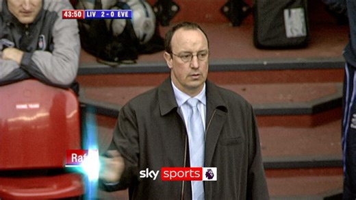 Rafael Benitez animates name graphic on and off live on Sky Sports during Liverpool vs Everton