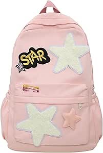 2026 Preppy Backpack Trendy Y2K Stars Backpack Cute Aesthetic College Laptop Backpack Casual Daypack Y2k Accessories (Pink,One Size)