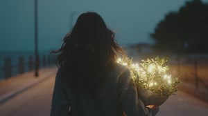 Girl walks alone with a luminous bouquet of flowers - Free Stock Video