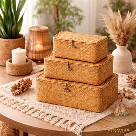 Woven Wicker Storage Box With Lid – Boho Rattan Organizer, Natural Straw Basket, Rectangular Decorative Home Storage - Etsy UK