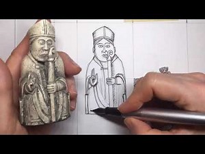 Isle of Lewis Chessmen. Pen and ink drawings of medieval chess pieces.