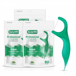 GUM Professional Clean Floss Picks - Extra Strong Shred-Resistant, Easy Grip Handle, 90 Count (3Pk)