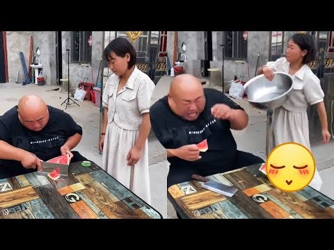Fat guy gives watermelon to please his goddess