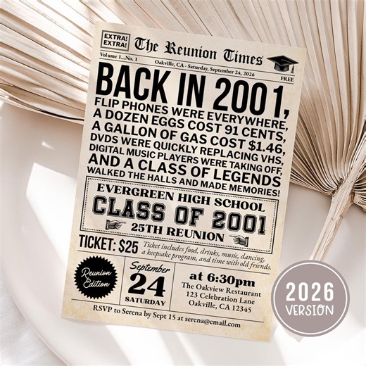 25th Class Reunion Invitation Template, Class of 2001 25th High School Reunion, Newspaper Theme College Reunion Invite, Edit With Canva - Etsy
