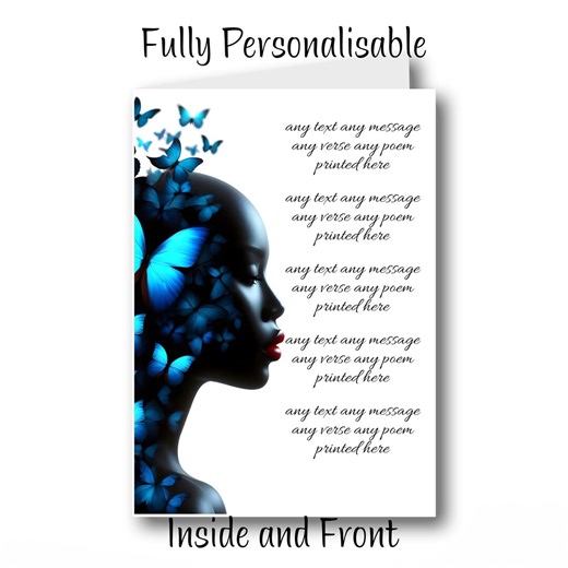 Black Woman Birthday Card, Personalised, Melanin Queen, Blue Butterfly Art, Afrocentric Greeting, for Her, Sister, Friend, Wife, Daughter - Etsy