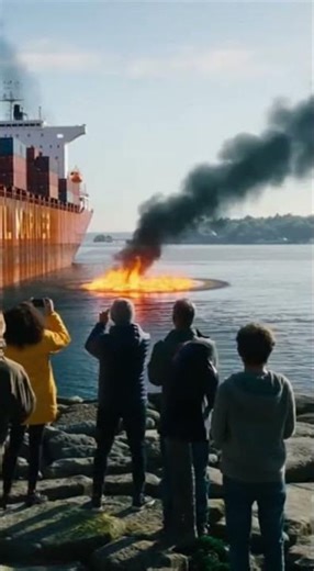 Massive Container Ship Fire in Harbor: Onlookers Record the Scene