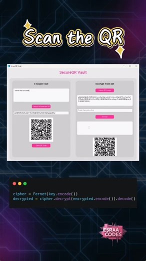Esraa Codes on Instagram: "Decrypt QR codes back to original text with a key! 🔑 #Python #QRCode #Decryption #Encryption #Cybersecurity"
