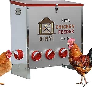 100 lb Automatic Chicken Feeder 10 Ports, Large Galvanized Poultry Pro Feeder, Rodent Proof Weatherproof Chicken Food Dispenser System,Best Chicken Feeder for Your Chicken coop 27.6 Gallon