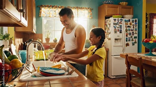 Father And Daughter Washing Dishes Together In Kitchen, Family Values And Household Chores