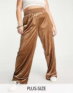 Urban Threads Plus velour wide leg trousers with piping in brown | ASOS