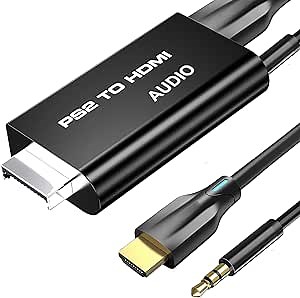 PS2 to HDMI Adapter Converter, Video Converter PlayStation2 to HDMI Converter with 3.5mm Audio Output, for HDTV, Monitor, Projector, Supports All PS2 Display Modes, with HDMI Cable, 3.5mm Audio Cable