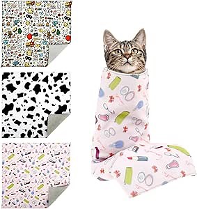 3PCS Cat Grooming Wrap, Self Adherent Cloth Cat Wrap for Cutting Nails, Cat Swaddle Wrap for Cleaning Ear Brushing Teeth, Multifunctional Cat Restraints Bag for Holding Cat to Non-Bite/Scratch/Runaway