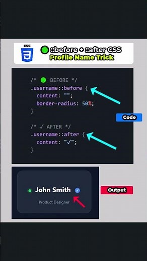 CSS ::before & ::after — No Extra HTML! Profile Name 🟢✓ #coding #webdevelopment #viral