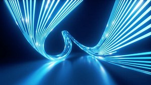 looping 3d animation. Abstract blue neon background. Light pulses stream along the curvy line leaving glowing trails. Virtual network connection, digital data transfer technology