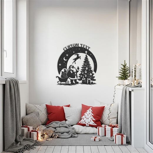 Custom Christmas Santa Metal Sign, Personalized Holiday Wall Art, Xmas Tree Decor, Santa Sleigh Metal Art, Festive Home Decoration - Etsy
